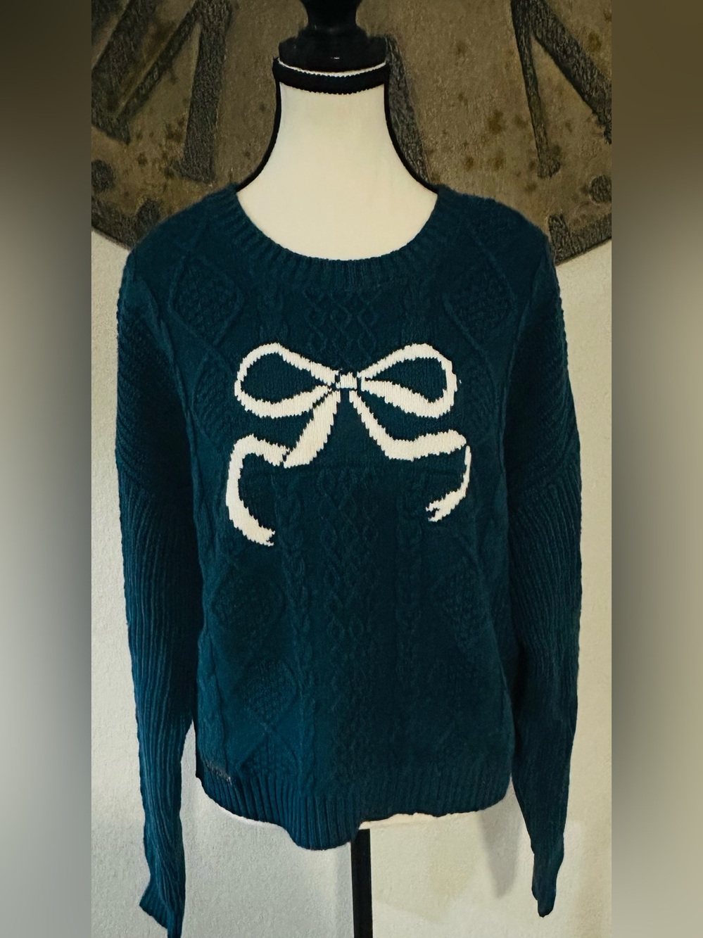 Simply Southern Teal Crewneck Sweater with White Bow